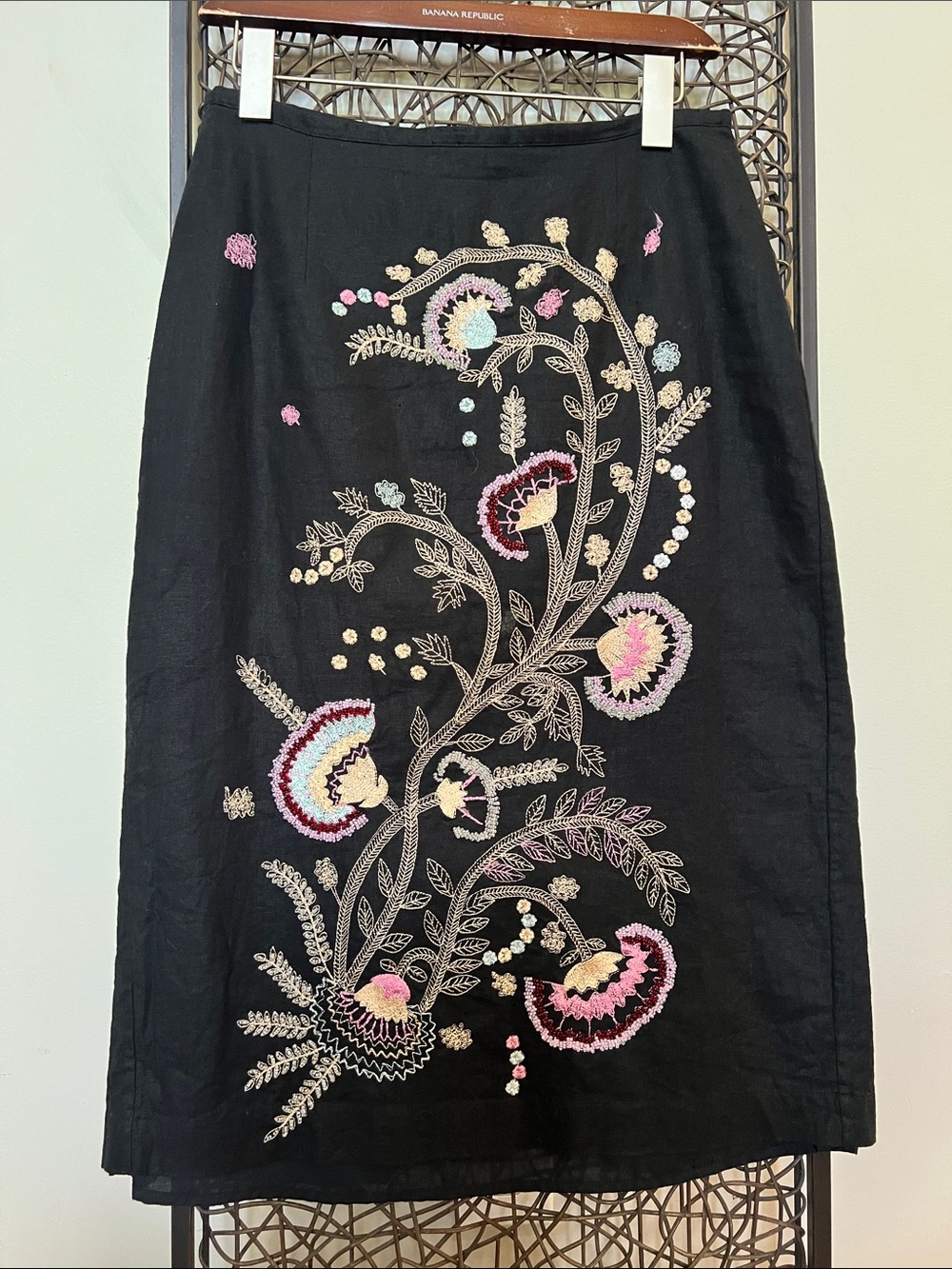 Richard Malcom Vintage 90s Linen Bl Embroidered Floral MIDI Skirt Black 6